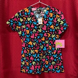 NWT Colorful Heart Print Scrub Top